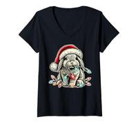 Womens Holland Lop Rabbit Chew Christmas Light Vintage Artistic V-Neck T-Shirt