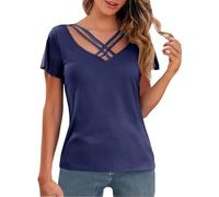 Women's Hollow Fashion Shirts Plus Size V Neck Solid Color Short Sleeve Tops Summer Business Office Smart Work Dressy Blouse Oversize Navy
