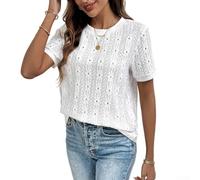Womens Hollow Jacquard Short Sleeve Top(M White)