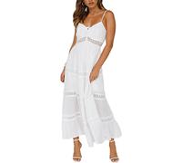 Women's Hollow Lace Crochet V Neck Spaghetti Straps Swing Maxi Long Dresses Hlater Sleeveless Summer Beach Sundress (White, Large)