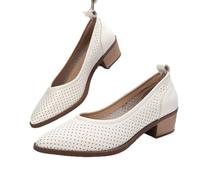 Women's Hollow Out Point Toe Low Block Heels Pumps Elegant Slip-on Closed Toe Low Heels Sandals Leather Chunky Heel Loafers Court Dress Office Shoes (White,7.5)