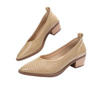 Women's Hollow Out Point Toe Low Block Heels Pumps Elegant Slip-on Closed Toe Low Heels Sandals Leather Chunky Heel Loafers Court Dress Office Shoes (Khaki,7.5)
