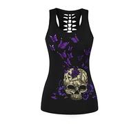 Womens Hollow Out Skull Print Workout Yoga Tank Tops Halloween Shirt, Butterfly Skull 002, S