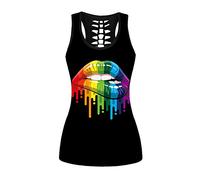 Womens Hollow Out Skull Print Workout Yoga Tank Tops Halloween Shirt, Rainbow Lips, M