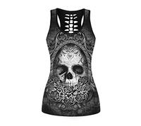 Womens Hollow Out Skull Print Workout Yoga Tank Tops Halloween Shirt, Skull Bae 014, M