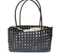 Women's Hollow Weave Tote Bag 28x18x12cm,Woven Beach & Office Bag, Foldable & Shoulder Handbag for Streetwear,Lightweight(Black with Lining)