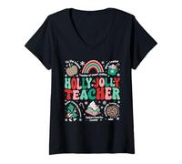Womens Holly Xmas Jolly Teacher Christmas Vibes Rainbow Xmas Tree V-Neck T-Shirt
