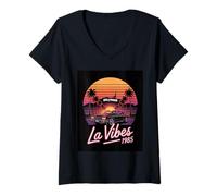 Womens Hollywood La Vibes 1985 Retro Los Angeles Sunset Car V-Neck T-Shirt