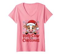 Womens Holy Cow It's Christmas Cartoon Farm Animal Outfit Xmas Cow V-Neck T-Shirt