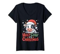 Womens Holy Cow It's Christmas Cartoon Farm Animal Outfit Xmas Cow V-Neck T-Shirt