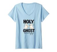 Womens Holy Ghost Energy Cute Halo Ghosts Christian Halloween V-Neck T-Shirt