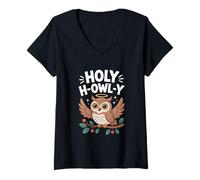 Womens Holy H Owl Y Cute Owl Angel Festive Pun Humor V-Neck T-Shirt