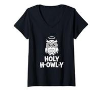 Womens Holy H Owly Funny Owl Halo Faith Pun Humor V-Neck T-Shirt