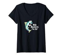 Women's Holy Mackerel I'm 76 Fish Fisherman 76th Birthday Funny V-Neck T-Shirt