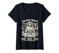 Women's Holy Trinity Rod Reel Bait Fishing Angler V-Neck T-Shirt