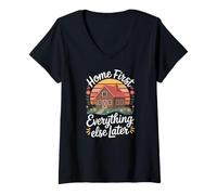 Women's Home First Everything Else Later Cozy Cottage Sunset V-Neck T-Shirt