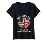 Womens Home in The USA Heart in United Kingdom British Roots USA V-Neck T-Shirt