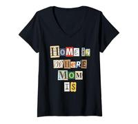 Women's Home is Where Mom is Ransom Note Style Mother's Day V-Neck T-Shirt