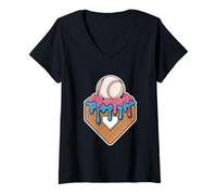 Womens Home Plate Waffle Cone Baseball with Pink Sprinkles V-Neck T-Shirt