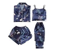 Women's Home Suit Flamingo Print Fashion Slim Pajamas Four Piece Set For All Seasons Women Petite Tops Winter Pajama Blue
