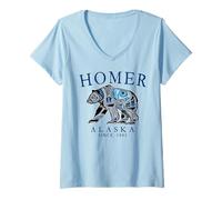 Womens Homer Alaska Tribal Art Bear Since 1885 Pale Blue Letters V-Neck T-Shirt