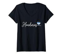 Women's Honduras Cursive Script with Flag Heart V-Neck T-Shirt