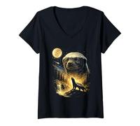 Women's Honey Badger Howling to The Moon Meme Funny 90s Honey Badger V-Neck T-Shirt