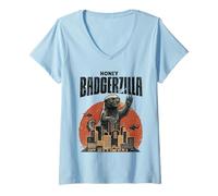 Women's Honey Badgerzilla Monster City Attack Retro Art V-Neck T-Shirt