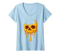 Womens Honey Drip Skull, Golden Melt Art Design V-Neck T-Shirt