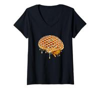 Women's Honeycomb Brain Bee Hive Illustration Graphic V-Neck T-Shirt