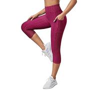 Women's Honeycomb Waffle Leggings Elasticated High Waist Capri Legging Bubble Textured 3/4 Length Scrunch Booty Leggings Opaque Tummy Control Yoga Legging Stretchy Pants For Gym Running Workout