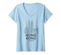 Womens Hong Kong China Skyline Architecture City Travel Buildings V-Neck T-Shirt