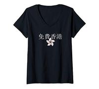 Womens Hong Kong in Chinese Characters and Red White Flag Logo V-Neck T-Shirt
