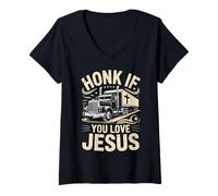 Womens Honk If You Love Jesus Trucking Jesus Christian Trucker V-Neck T-Shirt