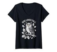 Womens Hoo Loves Fall Owl - Autumn Leaves and Acorns V-Neck T-Shirt