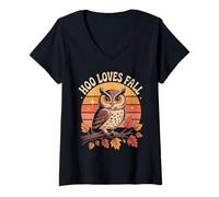 Womens Hoo Loves Fall Owl Retro Autumn Vibes V-Neck T-Shirt