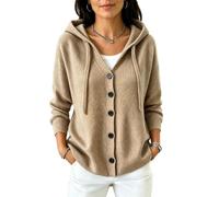 Women's Hooded Cardigan, Button Front Knit Jumper with Drawstring Hood | Soft knit fabric; adjustable drawstring hood; button front; relaxed drop shoulders; ribbed cuffs; curved hem; easy layering
