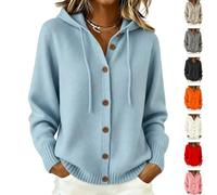 Womens Hooded Cardigan Jumpers Loose Button Down Cashmere Sweaters | Casual Long Sleeve V Neck Drawstring Wool Hoodies Open Front Chunky Knitted Warm Kimono Jacket Autumn Winter Clothes Knitwear
