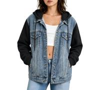 Women's Hooded Denim Jacket - Oversized Patchwork Long Sleeve Casual Coat with Multi-Pockets Washed Blue Button-Down Trucker Jacket