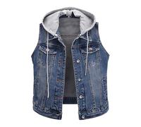 Women's Hooded Drawstring Denim Vest Distressed Sleeveless Removable Hoodie Denim Jacket Oversized Women (Blue, XXXXL)