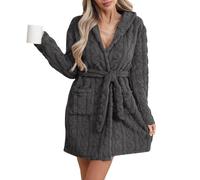 Womens Hooded Fleece Robe with Cozy Short Plush, Soft Fuzzy Bathrobe Featuring Self-Tie Belt and Functional with Pockets, Winter Warm Housecoat for Spa Evenings Outings and Loungewear Comfort