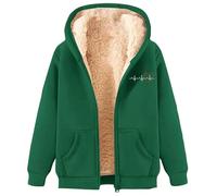 Women's Hooded Jacket with Sherpa Lining and Heart Print, Lined Fleece Jacket with Zip, Warm Jacket with ECG Heartbeat Motif, Style_j03 Green, 3XL