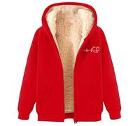 Women's Hooded Jacket with Sherpa Lining and Heart Print, Lined Fleece Jacket with Zip, Warm Jacket with ECG Heartbeat Motif, style_j07 red, L