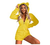 Womens Hooded Jumpsuit Pyjamas Long Sleeve Animal Print Onesie with Ears Leopard Nightwear Soft Cozy Loungewear One Piece Sleepwear Winter Warm Overalls for Women Homewear Outfit (Yellow, M)