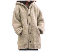 Women'S Hooded Knit Sweater - Autumn And Winter Women'S Knitted Sweater, Thick Long Sleeve Button Cardigan Jacket, Loose Khaki Large Pocket, Casual Outdoor Christmas New Year Gift,Khaki,Xl
