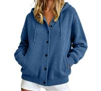 Womens Hooded Knitted Cardigan Long Sleeve with Buttons and Pockets | Relaxed ladies hooded jumper with drawstring hood ribbed trims and solid-colour options in S-3XL for everyday layering