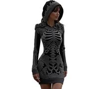 Women's Hooded Mini Dress with Skeleton Print and Floral Embellishment | long sleeves, skeleton graphic print, floral embroidered detailing, fitted silhouette, Halloween party wear