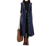 Women'S Hooded Sleeveless Denim Vest Classic Button Up Waistcoat Jacket - Plus Size Casual Long Denim Waistcoat,Loose Fashion Tank Top Windbreaker Dress,Blue,Xl