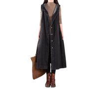 Women'S Hooded Sleeveless Denim Vest Classic Button Up Waistcoat Jacket - Plus Size Casual Long Denim Waistcoat,Loose Fashion Tank Top Windbreaker Dress,Black,L
