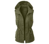 Womens Hooded Sleeveless Utility Vest, Lightweight Casual Military Style Gilet with Pockets, Water-Resistant Outdoor Jacket, Fashionable Drawstring Waistcoat for Women, Ideal for Hiking